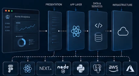 Layered architecture: a product interface feeding presentation, app, data and infrastructure layers, built on React, Next.js, Node, Python, PostgreSQL, AWS and Azure.