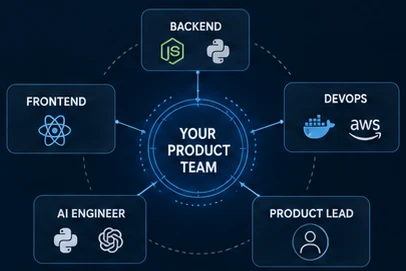 Your product team at the centre, surrounded by embedded frontend, backend, DevOps, AI engineering and product-lead roles.